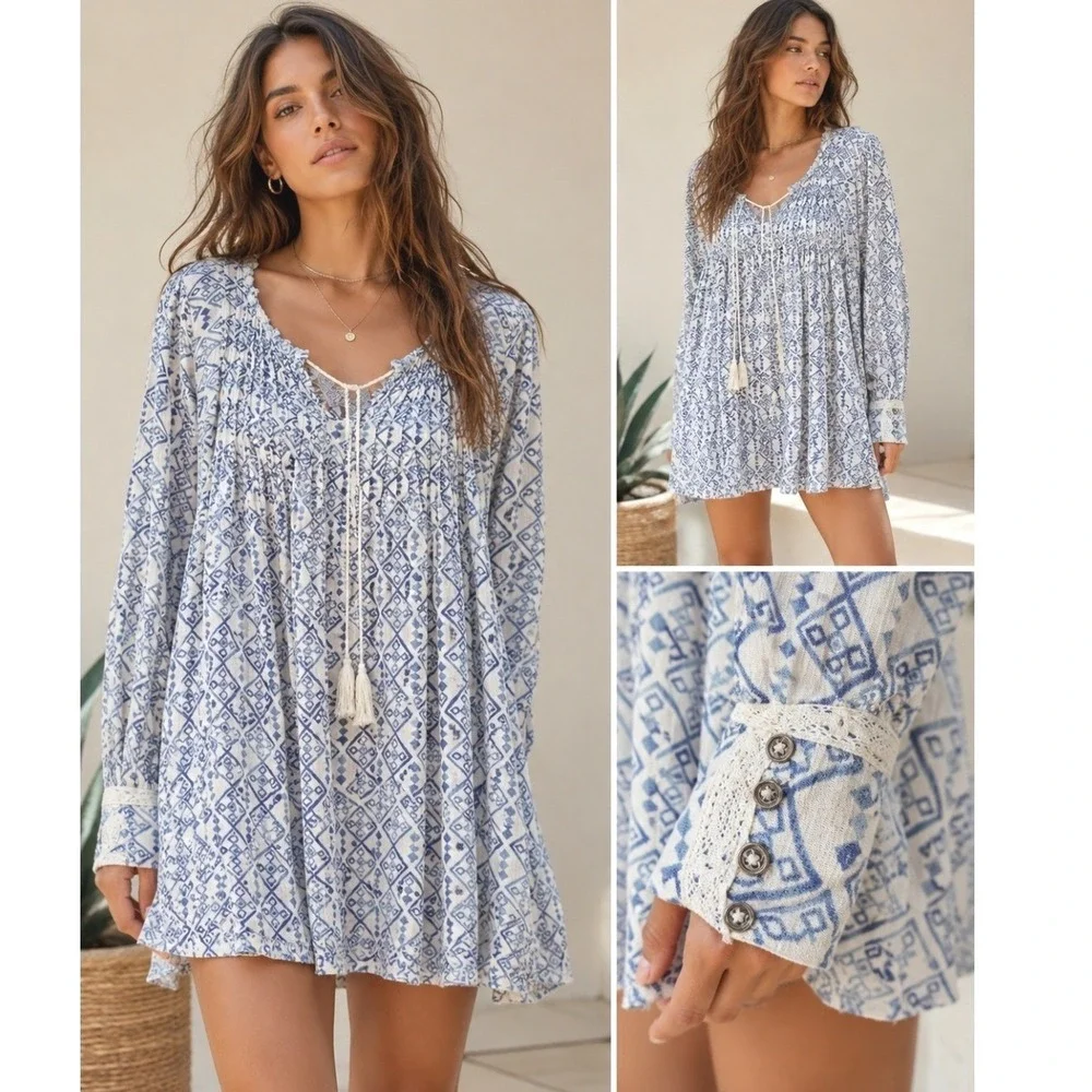 Free People Blue White Pintuck Tassels Boho Mini Dress Large Oversized Lace Cuff
